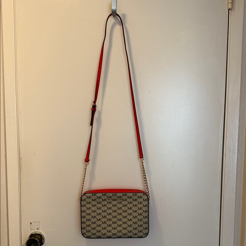 Michael Kors Red and Tan Signature Crossbody Bag